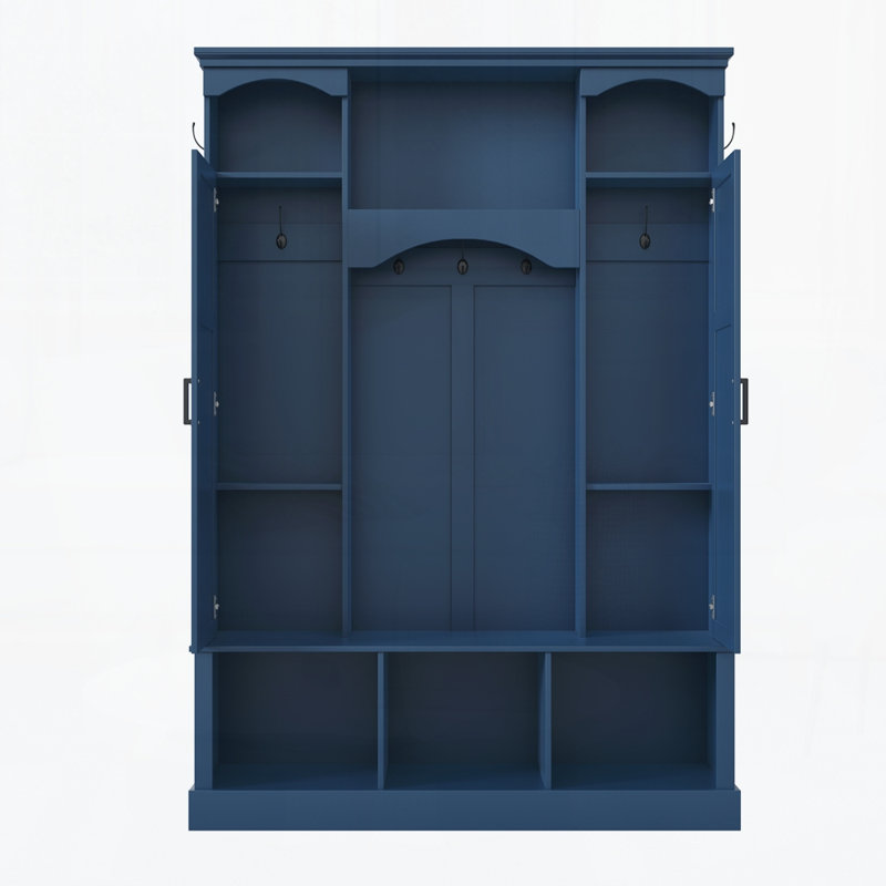 Portemanteau moderne tout-en-un avec tablettes réglables, banc de rangement de style campagnard arqué classique avec armoires latérales doubles, organisateur de hall d'entrée élégant avec 7 crochets pour vestibule, couloir