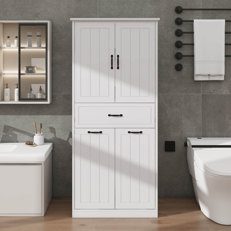Bathroom Storage Cabinet With Two Laundry Baskets, Storage Cabinet With Doors And Drawer For Home, White