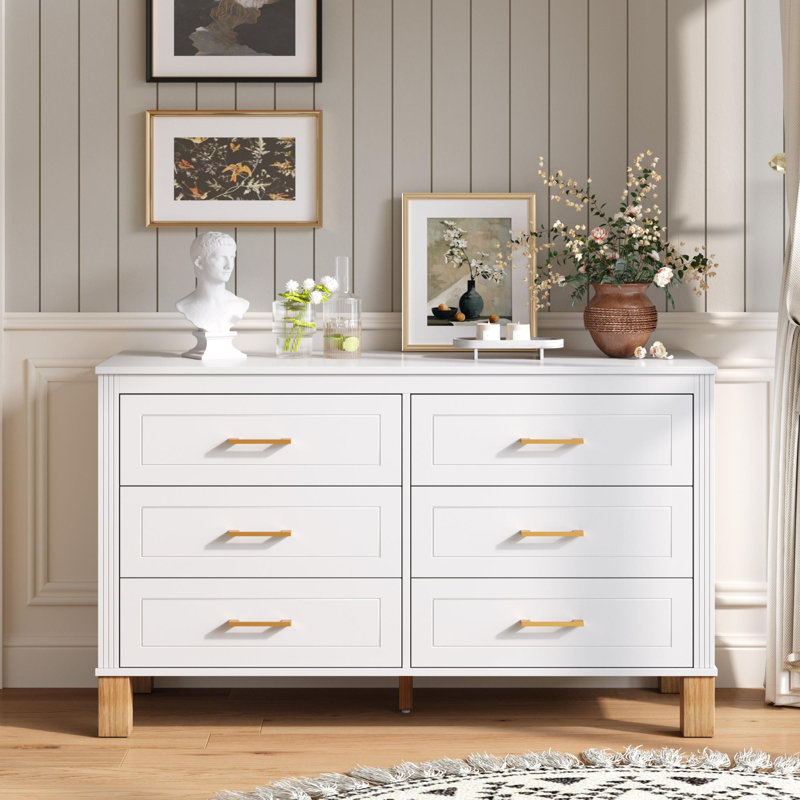 Commode double avec poignées en métal et pieds en bois massif, Blanc