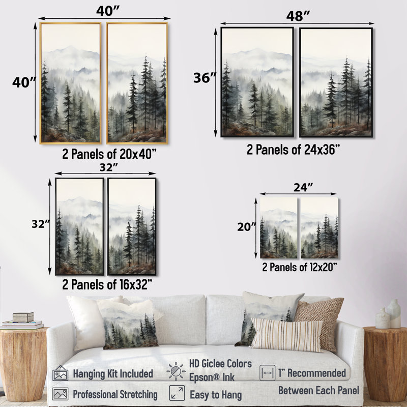 Pin, Misty Mountain II - art mural vert, H 40 po x l 40 po, Brun, Reproduction encadrée sans passe-partout