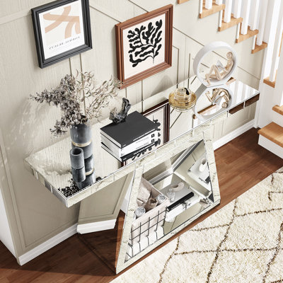 55.9" Modern Luxe Full-Body Mirror Entryway Table With Trapezoid Base – 360° Reflective Console Table, Sturdy Wooden Frame