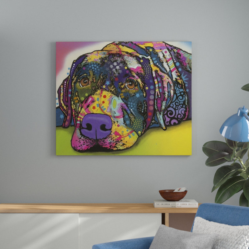 «Savvy Labrador» par Dean Russo - reproduction imprimée, H 32 po x l 38 po x P 1 po, Cadre blanc