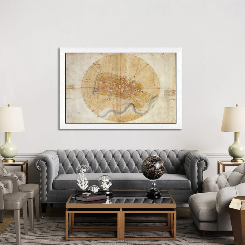 Map Of Imola, 1502 by Leonardo Da Vinci - Floater Frame Print on Canvas, 66.04 cm H x 45.72 cm W, White