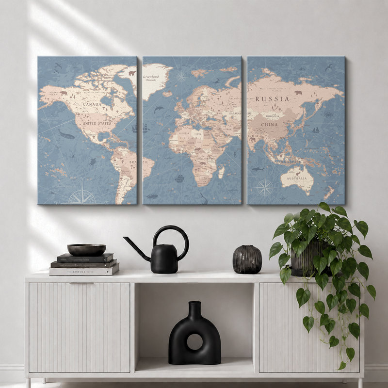 Carte du monde «Blue Global Antique Atlas, H 24 po x l 48 po, Toile tendue, Sans cadre