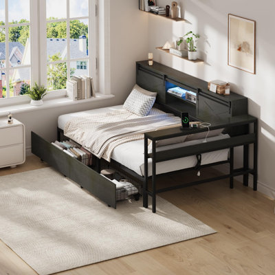 Twin Size Corner Bed Frame with Storage, Charging Station and RGB LED Light | Metal Platform Bed Frame with 2 Storage Drawers, Adjustable Desk and Bookcase Headboard for Kids Teens Guests, Black