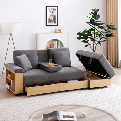 Convertible Sleeper Sofa Couch,Multifunctional Double Folding Sofa Bed,Storage Ottoman and Sofa arm with box and drawer, Drop Down Table with 2Cup Holders for Living room,Apartment,Office