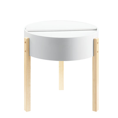 Table de bout ronde blanche et naturelle avec compartiment de rangement caché et structure en bois