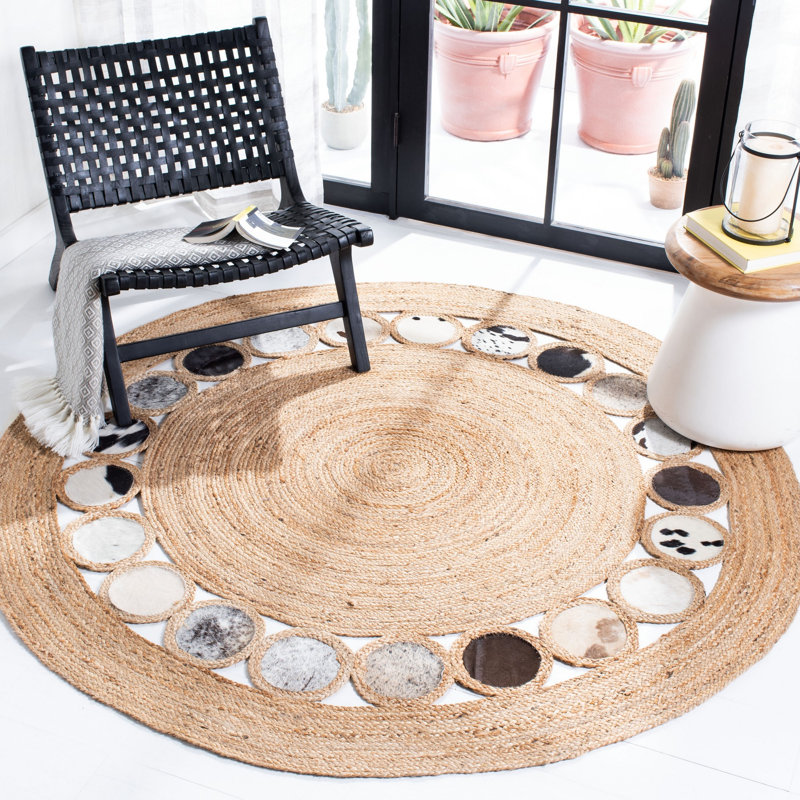 Cooke Natural Fiber Hand Woven Jute/Leather Geometric Rug in Silver/Beige, Round 6'