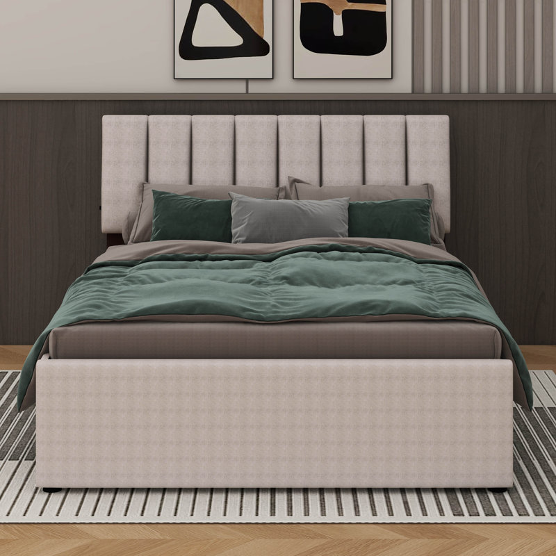 Lit plateforme tapissier Teddy, Lit double, Beige
