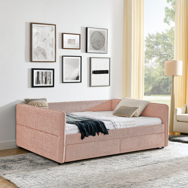 Queen Size Upholstered Daybed With 2 Drawers, Pink