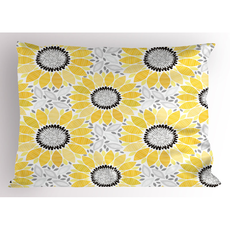 Pillowcase, Sun Flower Nature Art, Yellow Gray