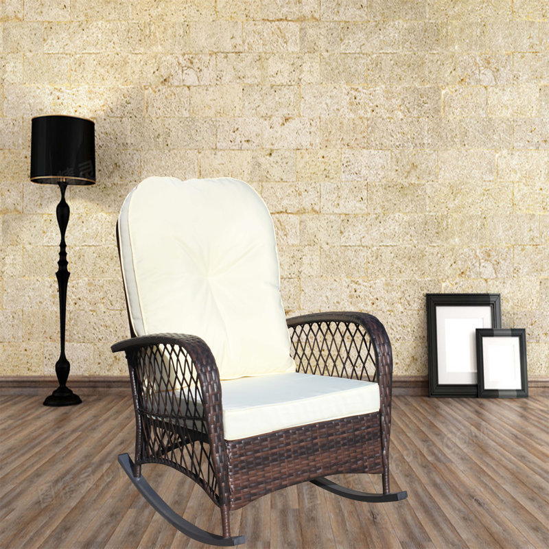 Chaise berçante d'extérieur en osier à assise large (sans la table), Noyer, Blanc