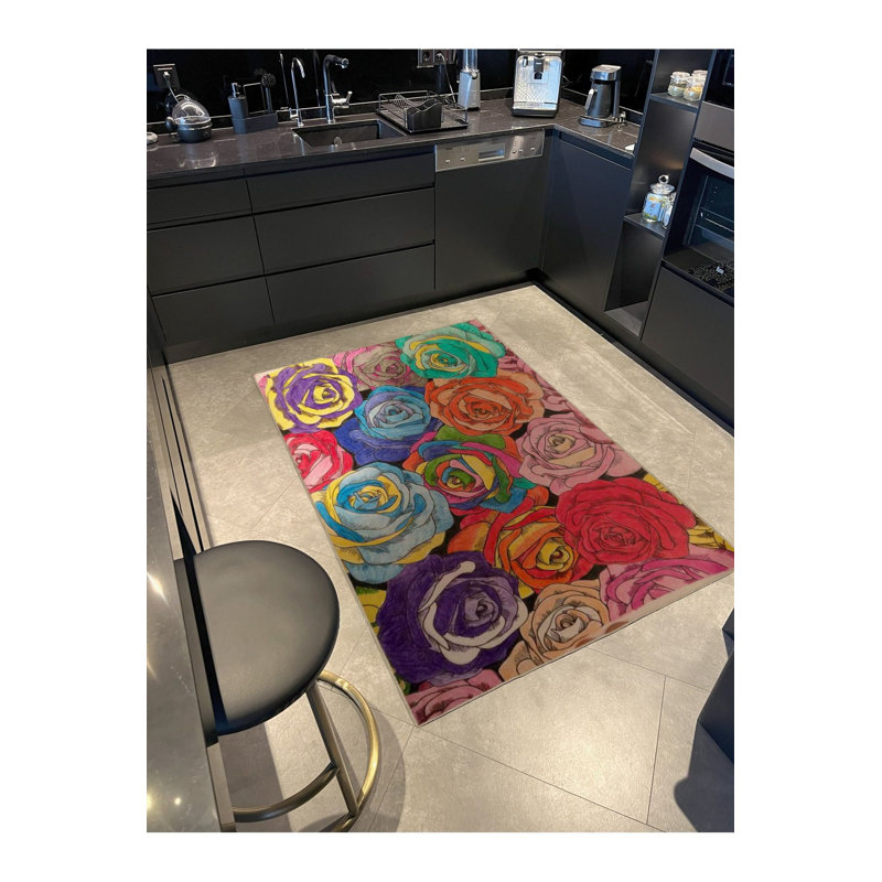 Tapis décoratif multicolore à motif floral et rose, Carré 3 pi 3 po