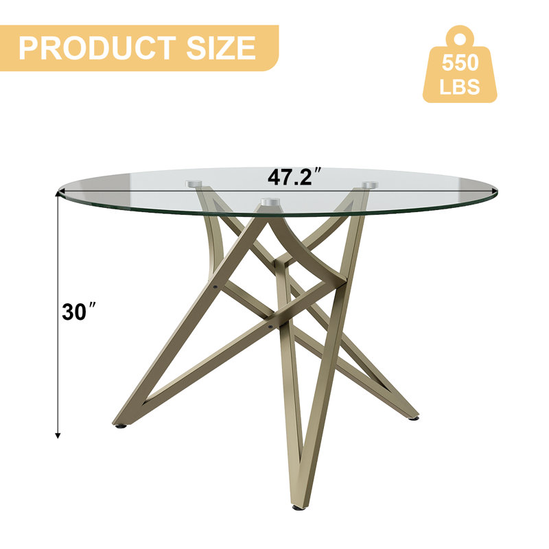 47 Inch Round Dining Table With Clear Glass Top And Polished Cross Base, Brown
