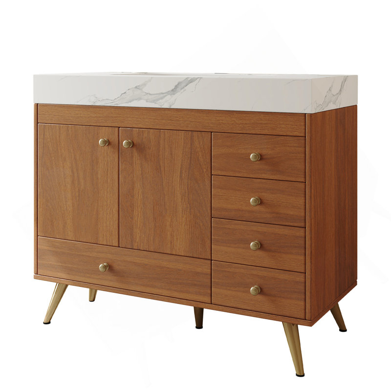 36" Freestanding Bathroom Vanity With Faux Marble Top, Ceramic Sink, 5 Drawers & Stainless Steel Legs, White, Walnut