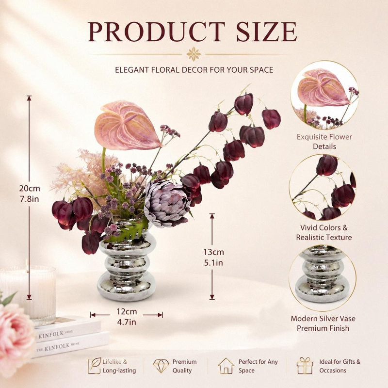 Arrangement de fleurs artificielles rétro réalistes de 7,8 po avec vase en céramique empilé argent moderne