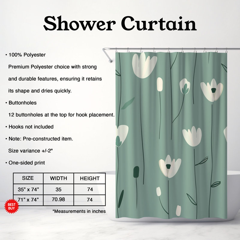 Rideau de douche 1 pièce Soft Mint Blossoms, H 74 po x l 71 po