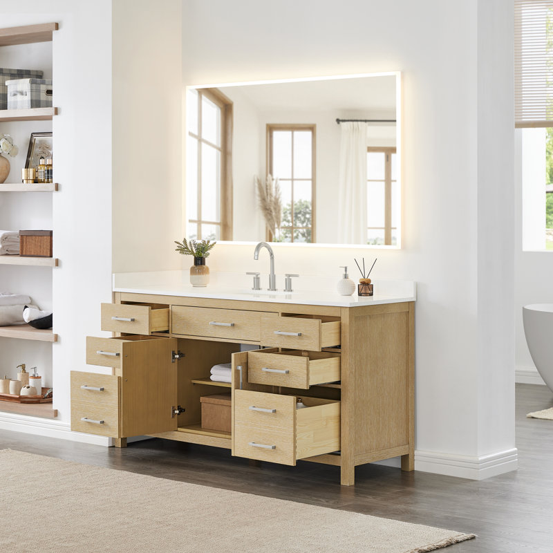 Beckett 66" Freestanding Single Bathroom Vanity with Quartz Top, Whitewashed Oak, Brushed Nickel, White Quartz