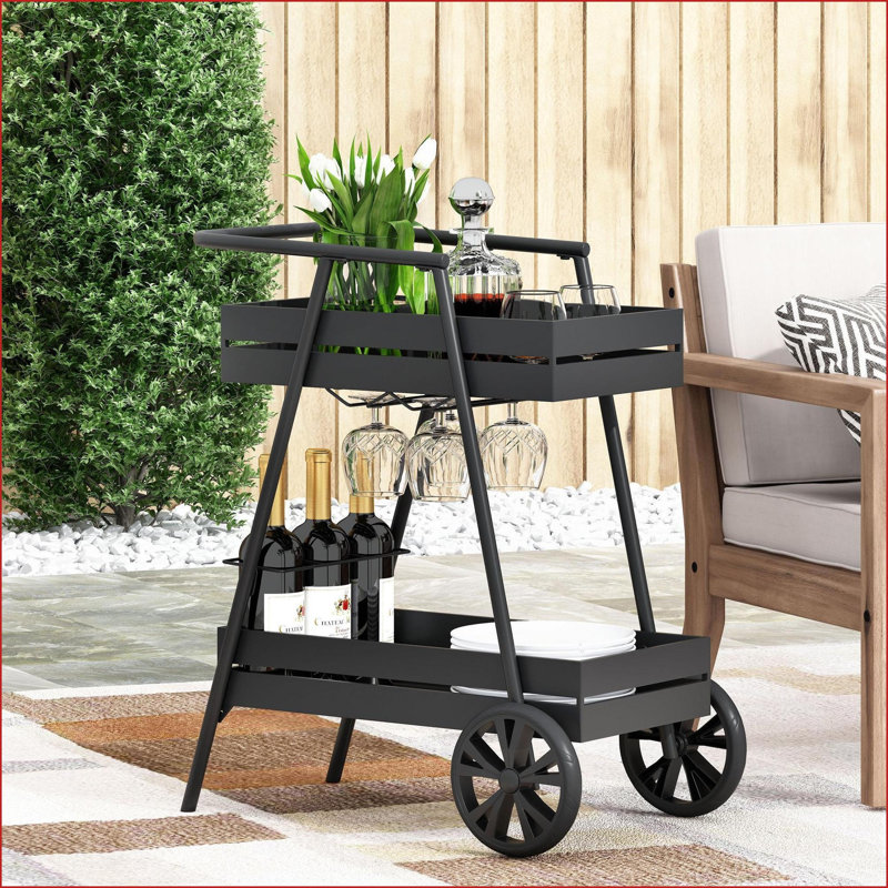 Chariot-bar moderne en fer industriel avec porte-bouteilles Roues | Noir | Fer