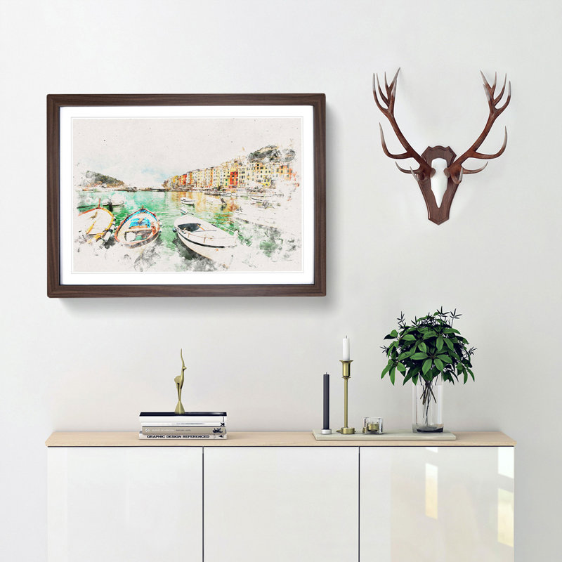 Docked Boats In Portovenere Italy - Picture Frame Painting, 36cm H x 48cm W x 2cm D, Walnut Framed