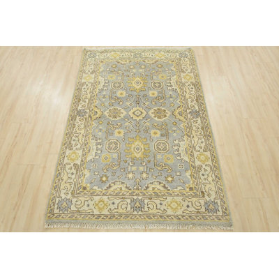 Tapis gris en laine noué à la main de conception unique 4 pi 1 po x 6 pi 1 po