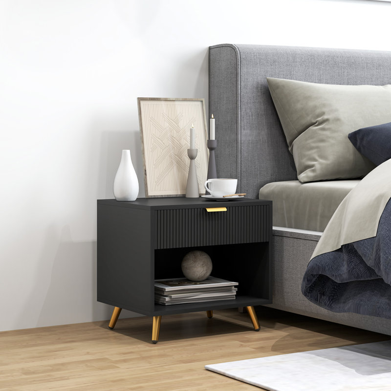 Table de chevet avec tiroir et compartiment ouvert pour la chambre à coucher, Noir, noir, noir, noir