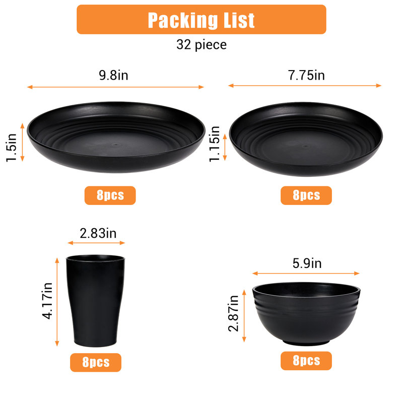 Wheat Straw Tableware Set 32 Pack, Reusable Plates, Bowls & Drinking Cups, Black