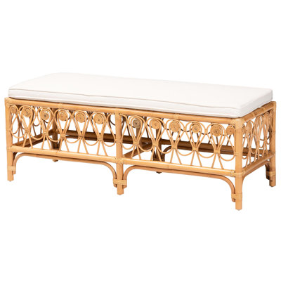 Banc bohémien rectangulaire avec mousse amovible - Coussin en tissu rembourré, motif ajouré et ornements géométriques enroulés, 48 po de largeur, 18,1 po de profondeur, 18,5 po de hauteur, 18,8 lb de style naturel, 48,51 po