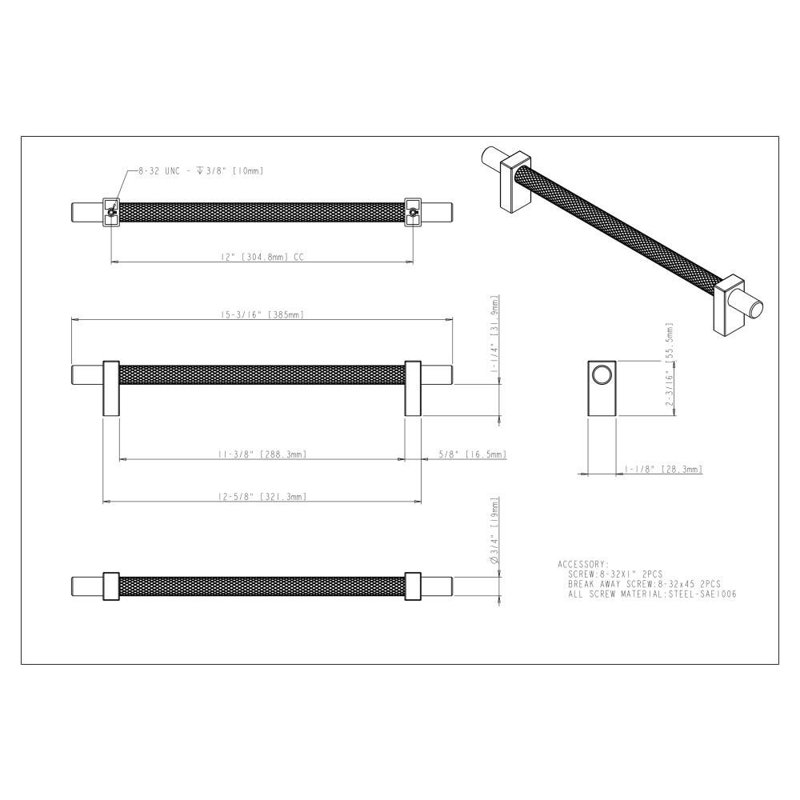 Larkin 3 Knurled Center Appliance Pull, Satin Nickel, 12"