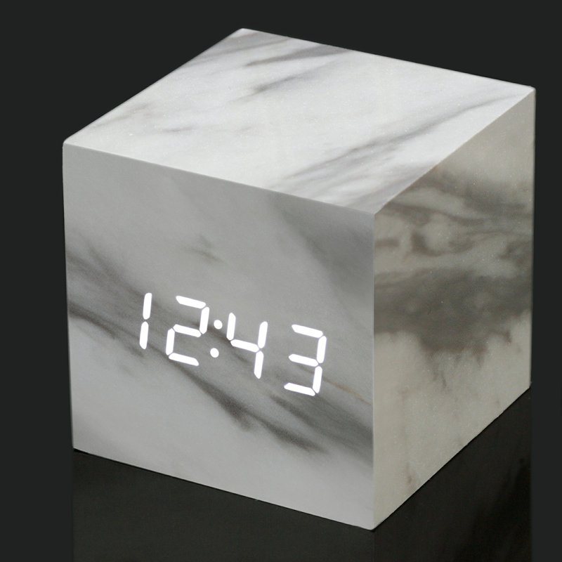Sleek & Chic Modern Digital Wood Electric Alarm Tabletop Clock, Marble/White
