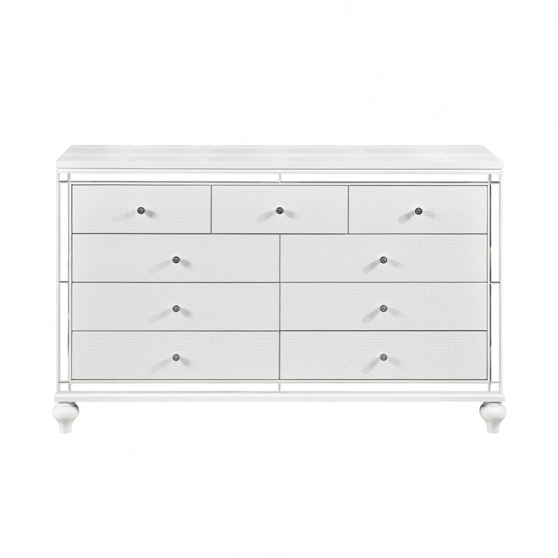 Commode glamour à finition blanche métallique avec 9 tiroirs en faux cristal