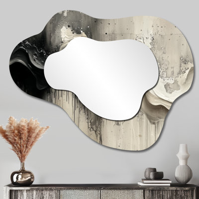 Gris sur fond blanc l'encre rythmique «River I» - miroir mural asymétrique, miroir de coiffeuse moderne, imprimé sur métal