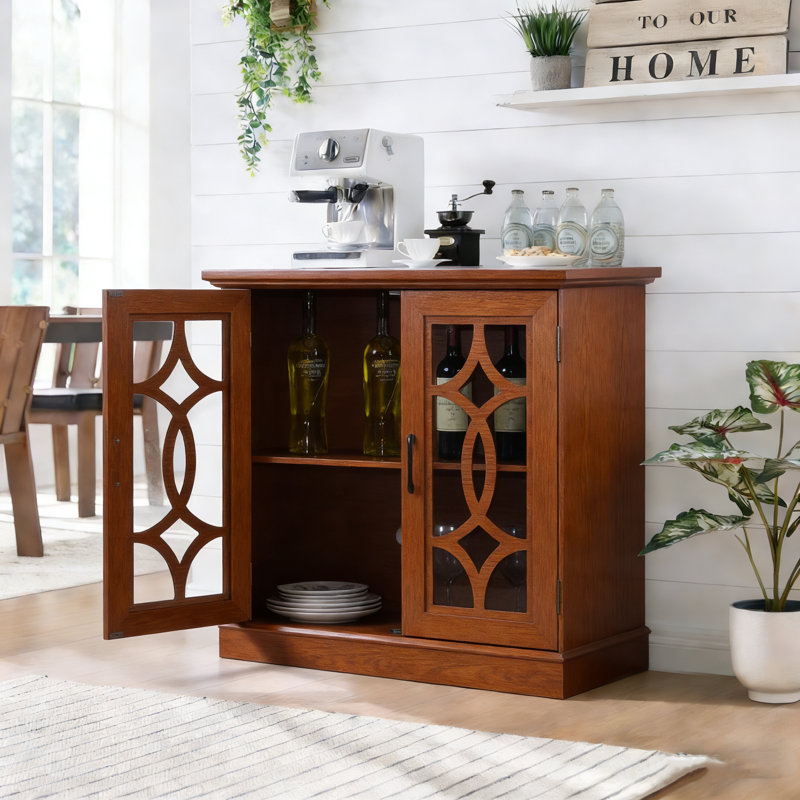 Cabinet 2 Clear Tempered Glass Doors Buffet, 34.06" H x  34.37" W x 15.55" H, Dark Oak