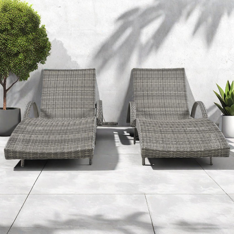 80'' Outdoor Wicker Chaise Lounge Chairs Set of 2 with Pull-out Side Table and Adjustable Backrest, Gray