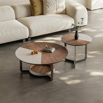 Coffee Table Set 2-Piece Modern Living Room Table Set Leather Coffee Table Round Nesting Table Set