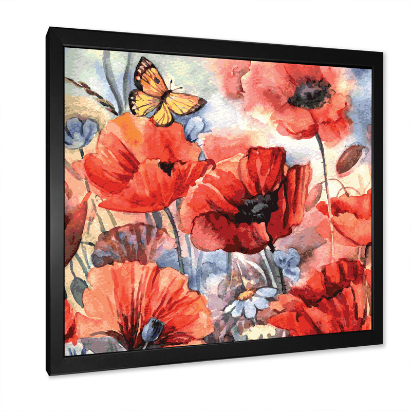 «Abstract Poppies Flower», reproduction d'art sur toile encadrée, Cadre photo noir, H 16 po x l 16 po x P 1 po