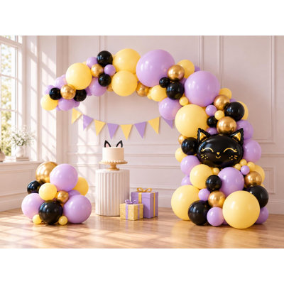 Ensemble de guirlande de ballons Chat Noir, 117 ballons, ballons en aluminium en forme de tête de chat, décoration pour fête d'anniversaire lavande, jaune, noir et or
