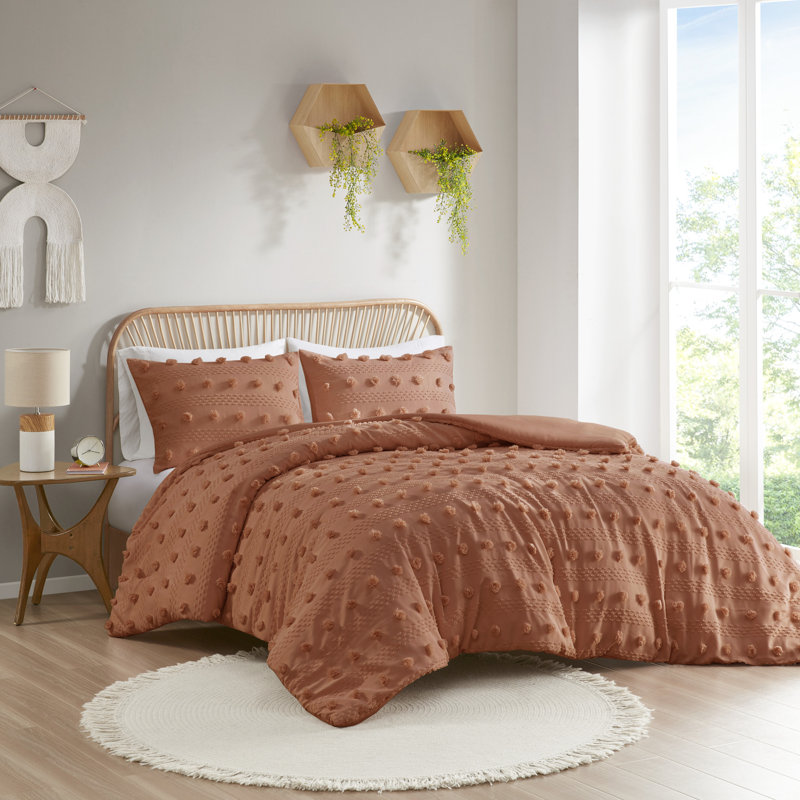 Lucy Clip Jacquard Duvet Cover Set, Full/Queen Duvet Cover + 2 Standard Shams, Rust