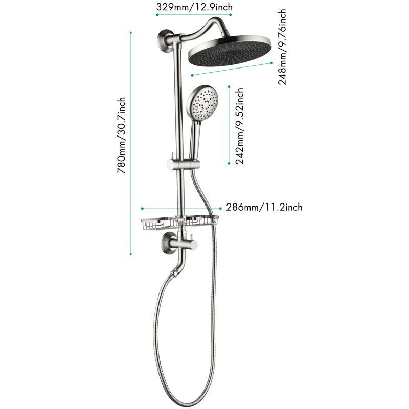 Fusion de douche avec pomme de douche à effet pluie de 10 po, douche à 4 poignées, vis coulissante réglable et porte-savon en ancre de fusion en nickel brossé