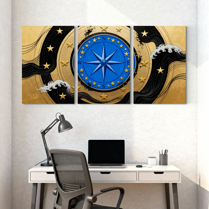 Boussole dorée avec étoiles et vagues, ensemble de 3 impressions sur toile, H 18 po x l 36 po