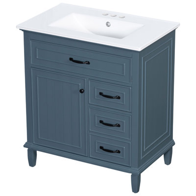 Meuble-lavabo de 30 pouces avec comptoir en céramique, structure en bois massif, armoire en bois aggloméré et pin, tiroirs rabattables, tablette réglable et poignées en alliage de zinc, armoire de rangement autoportante