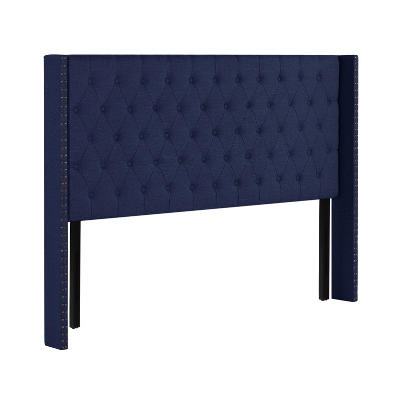 Tufted Wingback Upholstered Headboard with Nailhead Trim, Navy Blue-Linen, Queen