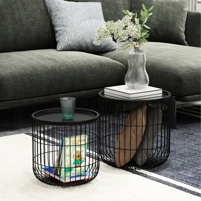 Tables basses gigognes, ensemble de 2 tables basses rondes avec panier en acier et plateau amovible, tables de bout empilables avec rangement pour le salon, noir