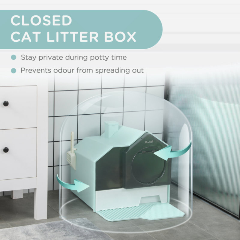 Light Blue House Shape Hooded Cat Litter Box with Drawer