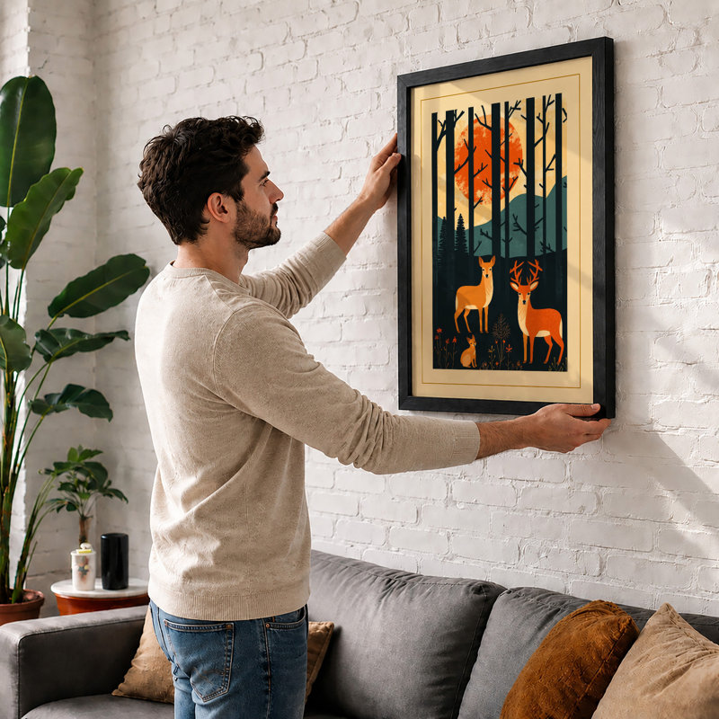 Deer at Sunrise Japandi - Framed Print, Walnut, A1 - 84.1 x 59.4 cm