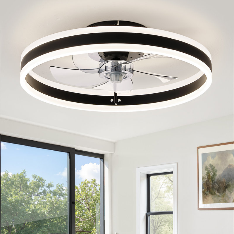 Cissline 20" Modern Black Flush Mount Ceiling Fan With Integrated Ring Light For Bedroom & Living Spaces, Black
