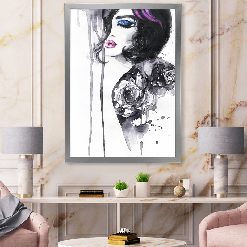 Peinture Portrait de femme - Peinture sur toile, H 20 po x l 12 po x P 1,5 po, Toile encadrée argentée