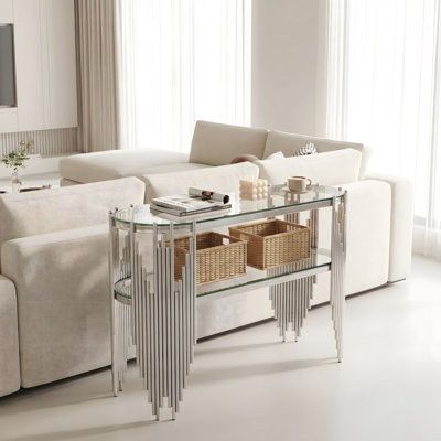 Console de luxe argentée avec tablettes en verre trempé à 2 niveaux, table d'entrée ovale moderne pour le couloir et le salon, structure en acier inoxydable poli, 47 po x 15,7 po x 31,5 po
