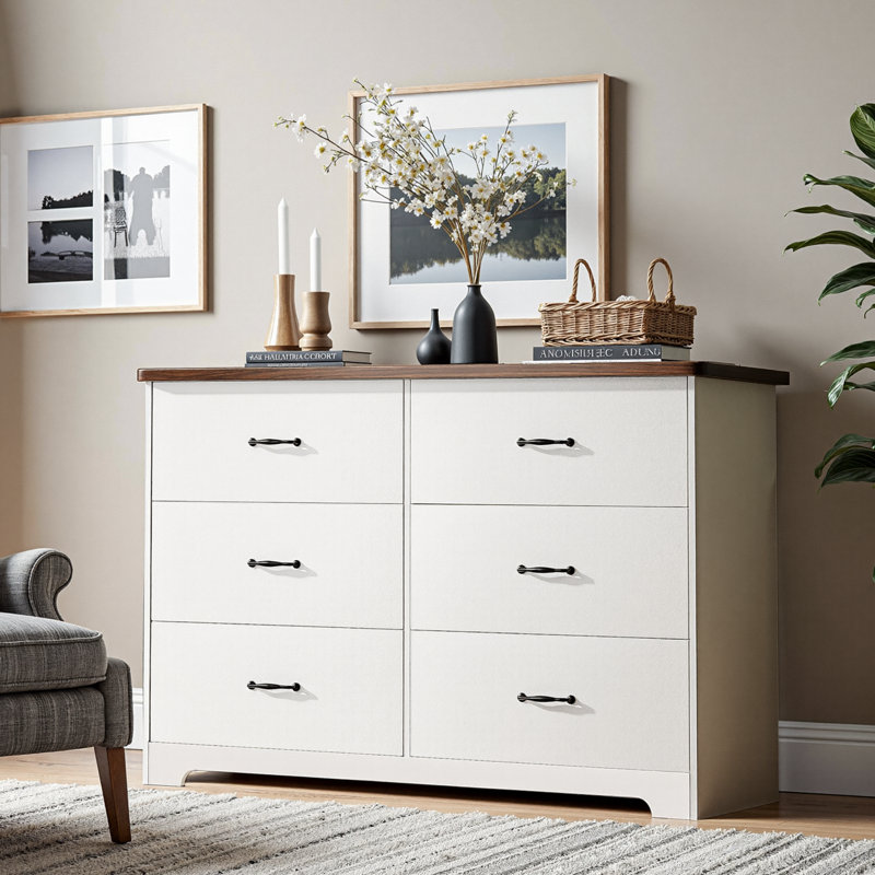Commode double 6 tiroirs Norine, Blanc / Brun