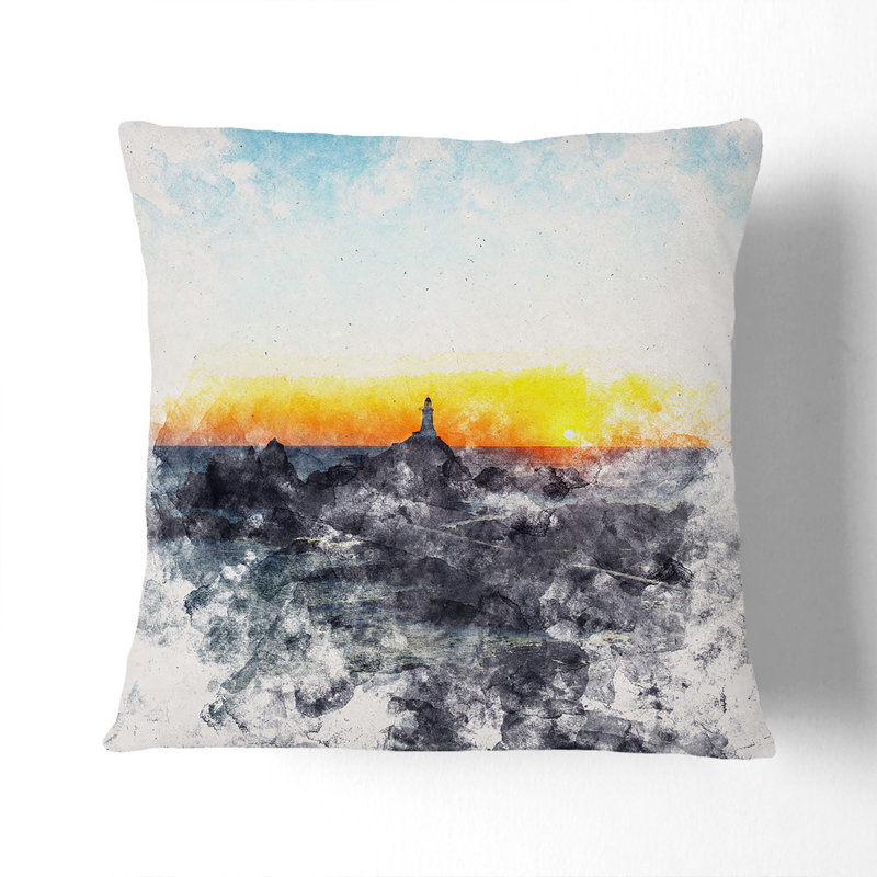 Lighthouse in Jersey Watercolour Cushion with Filling, 40cm H x 40cm W x 15cm D, Stone